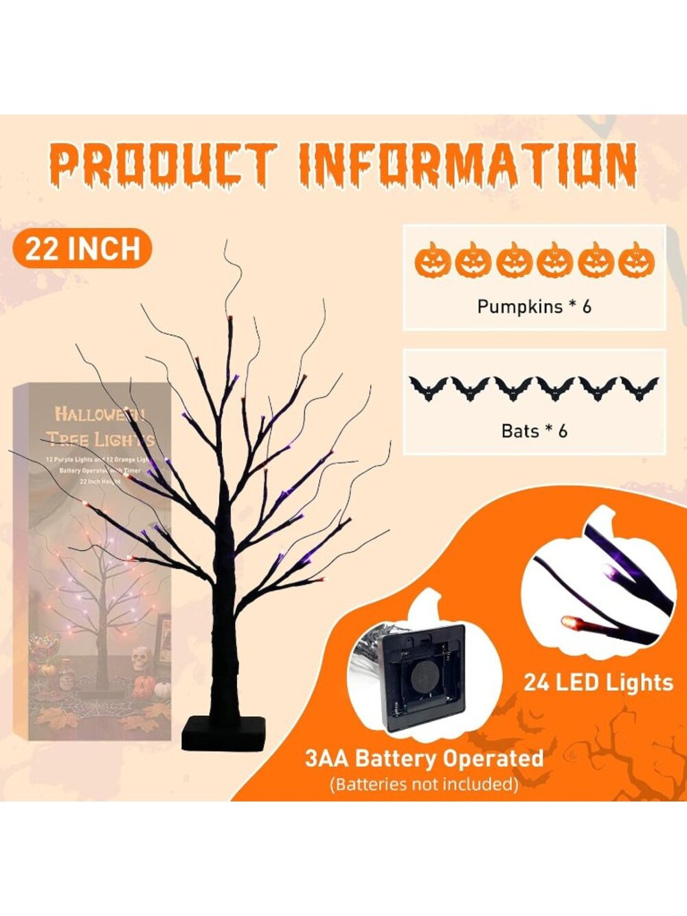 New 22 Inch Halloween Black Tree 24 LED Orange Purple Lights Timer Decor - Picture 7 of 7